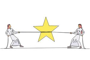 Continuous one line drawing two Arabian businessmen fighting for a star. Compete to get stars. Best rating. Get maximum ranking. Dream comes true. Winner. Single line draw design illustration vector