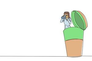 Continuous one line drawing businesswoman comes out of a paper cup looks for something through binoculars. Best friends after many deadlines. Makes relax. Single line draw design illustration vector