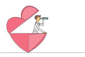 Single one line drawing businessman emerges from the shape of a heart looking for something through binoculars. Success in business and love. Aligned. Continuous line design graphic illustration vector