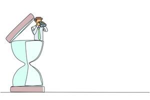 Continuous one line drawing businessman emerges from hourglass looking for something through binoculars. Aligned work makes deadlines easier. Work smart. Single line draw design illustration vector