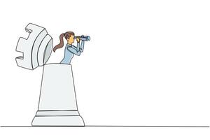 Single one line drawing businesswoman comes out rook chess looking for something through binoculars. Strategies that must be mature for business progress. Continuous line design graphic illustration vector