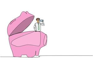 Single one line drawing businessman pops out of piggy bank look for something through binoculars. Entrepreneur who aware of the importance of investment. Continuous line design graphic illustration vector
