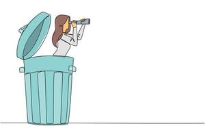 Continuous one line drawing businesswoman comes out of a trash can looking for something through binoculars. Not interested in backbiting. Throw gossip. Single line draw design illustration vector