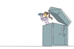 Single one line drawing businesswoman comes out of safe deposit box looking for something through binoculars. Offers the best protection for corporate data. Continuous line design graphic illustration vector