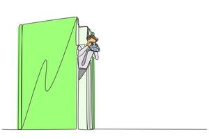 Single continuous line drawing businessman appears out of old book look for something with binoculars. Look at history. Mistakes not to repeat. Success to continue. One line design illustration vector