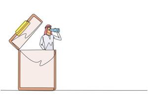 Single one line drawing Arab businessman pops out of clipboard looking for something through binoculars. Easily work on many forms. Final report completed. Continuous line design graphic illustration vector