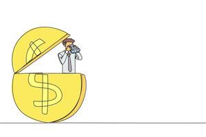 Continuous one line drawing businessman emerges from dollar symbol coin look for something through binoculars. Complete business agreement by getting cash. Single line draw design illustration vector