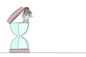Single continuous line drawing businesswoman coming out of hourglass looking for something through binoculars. Set work rhythm to finish on time. Work smart. One line design illustration vector