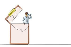 Continuous one line drawing businessman appears out of the clipboard looking for something through binoculars. Agreement report. Promising contract draft. Single line draw design illustration vector