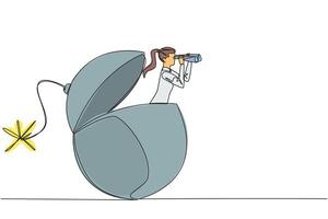 Single continuous line drawing businesswoman get out from burning fuse bomb looks for something through binocular. Secure a company from explosion. Destruction. One line design illustration vector