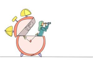 Single continuous line drawing Arab businesswoman emerges from alarm clock looking for something with binoculars. Prepare business files from now on. Don't delay. One line design illustration vector