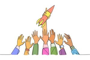 Single one line drawing hands fighting over small rocket. Metaphor for sharing profits through opening new business. Fighting for position. Doing anything. Continuous line design graphic illustration vector