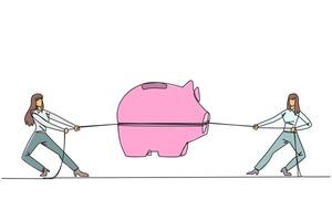 Continuous one line drawing two businesswomen fighting over a piggy bank. Competition for investment. Save penny by penny for comfortable retirement life. Single line draw design illustration vector