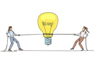 Single continuous line drawing two businesswomen fighting over a lightbulb. Compete to find solution. Compete to find new, fresher ideas. For the good of company. One line design illustration vector