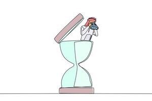 Single continuous line drawing Arab businessman appears out of the hourglass looks for something through binoculars. Strict time implementation. Focus on business. One line design illustration vector