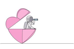 Single continuous line drawing astronaut emerges from heart shape look for something with binoculars. Strong determination to get married after returning from expedition. One line illustration vector