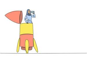 Continuous one line drawing Arabian businesswoman emerges from the tip of rocket looking for something with binoculars. Work smart for high company profit. Single line draw design illustration vector