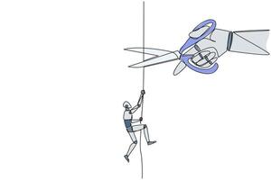 Continuous one line drawing the robot climbing rope. Metaphor of struggling to advance business. Business failed to develop. Sabotaged by business friends. Single line draw design illustration vector