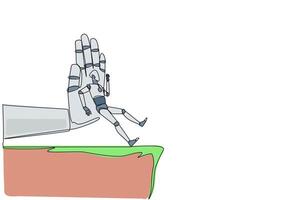 Single one line drawing smart robot standing on the edge of a cliff. Something big wants to bring down the business. Invisible enemy. Bring down competitor. Continuous line design graphic illustration vector