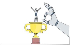 Single continuous line drawing the smart robot standing on big trophy. Celebrating the success of business. Got fraudulent business opponents. Falling helpless. One line design illustration vector