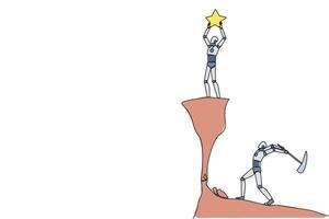 Single one line drawing smart robot standing on a cliff lifting a star. An envious friend, eating away at success from the inside to fall down. The traitor. Continuous line design graphic illustration vector