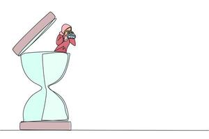 Single one line drawing Arab businesswoman emerges from hourglass look for something with binoculars. Sand on clock fall. Complete report before deadline. Continuous line design graphic illustration vector