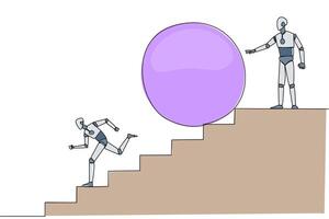 Continuous one line drawing robotic running down stairs avoiding big ball. Attacked by business friends. Traitor in business. Cheating in business. Betray. Single line draw design illustration vector