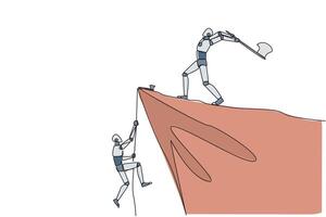 Continuous one line drawing smart robot climbs cliff with rope. Almost successful. Rudely dropped by a business friend. Fake partner. The worst teamwork. Single line draw design illustration vector