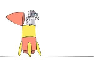 Single continuous line drawing astronaut emerges from the end of the rocket looking for something through binoculars. Check details before flying into the space. One line design illustration vector