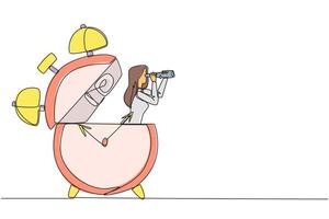Single continuous line drawing businesswoman out of alarm clock looking for something through binoculars. Provide tight deadlines for presentations. Responsibility. One line design illustration vector