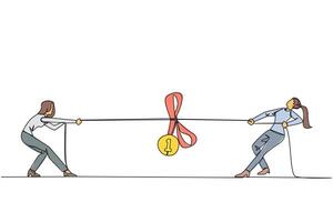 Continuous one line drawing two businesswomen fighting for medal award. Strive persistently to fight for business. Become number one entrepreneur. Struggle. Single line draw design illustration vector