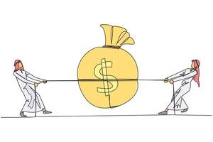 Continuous one line drawing two Arabian businessmen fighting over a money bag. Compete to get as much profit as possible. Greed of entrepreneurs. Unethical. Single line draw design illustration vector