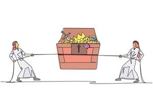 Single one line drawing two Arabian businessmen fight over an open treasure chest. Battle over finding treasure. Everything is done to have it. Greedy. Continuous line design graphic illustration vector