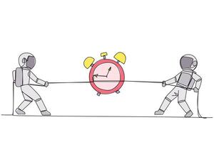 Continuous one line drawing two astronauts fighting over an alarm clock. A fierce battle over the certainty of passing the space expedition exam. Galaxy. Single line draw design illustration vector