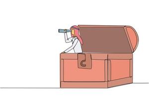 Single continuous line drawing Arabian businessman emerges from a treasure chest looking for something through binoculars. Mining is complete. Lots of luck. One line design illustration vector