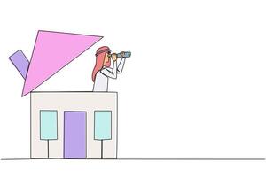 Continuous one line drawing Arabian businessman emerges from the miniature house looking for something through binoculars. A place to return home. Comfort. Single line draw design illustration vector
