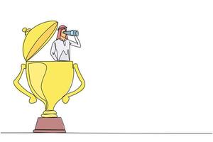 Continuous one line drawing Arabian businessman appears out of trophy looking for something through binoculars. Winner. Undoubted business success. Single line draw design illustration vector