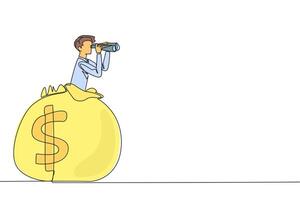 Single one line drawing businessman emerges from the money bag looking for something through binoculars. Share for the true happiness. A valuable legacy. Continuous line design graphic illustration vector