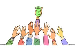 Single continuous line drawing hands fighting over the paper cup. Hands that struggle persistently to quench thirst. Success must be achieved as soon as possible. One line design illustration vector