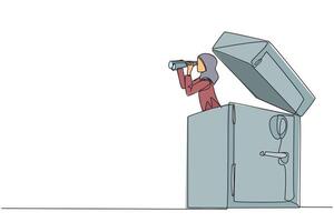 Single one line drawing Arab businesswoman emerges from safe deposit box looking for something with binoculars. Secure valuable objects in a trusted place. Continuous line design graphic illustration vector