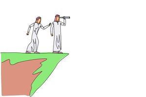 Single continuous line drawing Arab businessman monitoring something at the edge of cliff using binocular. Monitoring business. Taken down by traitor from behind. One line design illustration vector