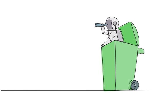 Single one line drawing astronaut emerges from wheeled bin looking for something with binoculars. Modernization of tools, making it easier for users to use. Continuous line design graphic illustration vector
