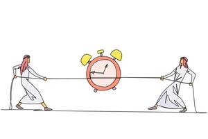 Single one line drawing two Arabian businessmen fighting over an alarm clock. Compete to be able to complete the report as quickly as possible. Obstacles. Continuous line design graphic illustration vector