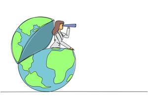 Continuous one line drawing businesswoman out of the globe looking for something through binoculars. Need to see the wider world to achieve much success. Single line draw design illustration vector