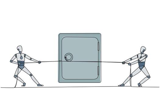soltero continuo línea dibujo dos robots luchando terminado un seguro depositar caja. competencia para el mejor código para robot desarrollo almacenado en un seguro lugar. futuro tecnología uno línea diseño ilustración vector