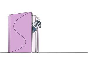 Single one line drawing a smart robot emerges from an old book looking for something through binoculars. Scan quickly. Reliable future technology. Hi tech. Continuous line design graphic illustration vector