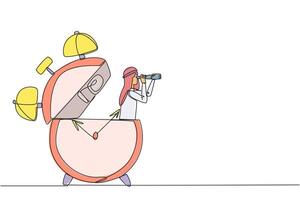 Single one line drawing Arabian businessman appears out of the alarm clock looking for something with binoculars. Unavoidable. The deadline is coming soon. Continuous line design graphic illustration vector