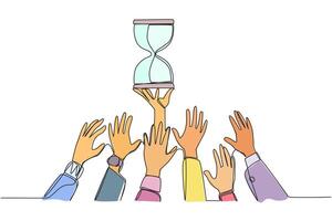 Single continuous line drawing hands fighting over the hourglass. Fighting over an antique clock. Very ambitious to be able to have it. Collector of vintage items. One line design illustration vector