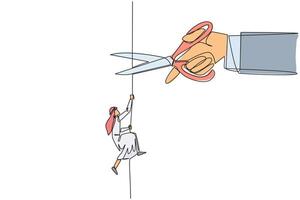 Continuous one line drawing Arab businessman climbs rope. Metaphor of struggling to advance business. Business failed to develop. Sabotaged by colleague. Single line draw design illustration vector