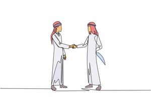 Continuous one line drawing two Arab businessmen shaking hands. One of them holds knife behind back. Getting ready to stab. Must win at all costs. Traitor. Single line draw design illustration vector